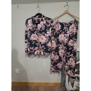 ROOM SERVICE womens SZ Lg Black pink Floral Button Down Pajama Set sleep comfy